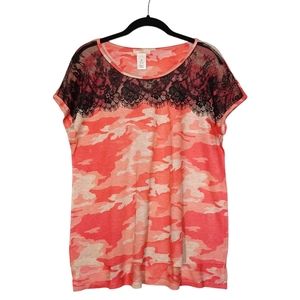 I.NER Pink Coral Camo Camouflage Print Black Lace Short Sleeve Top X-Large